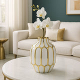 Decorative Vase - White/Gold Ceramic Bud Abstract, 8 in.