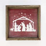 Nativity Red Canvas Wall Art Small Christmas Small Decor: 6x6" Mini Canvas Art with Wood Box Frame