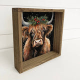 Highland Cow Christmas Black Background - Holiday Animal Art: 11x11" Small Canvas Art with Wood Box Frame