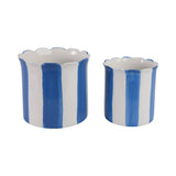 Plant Pot Set of 2 - Blue Ceramic Striped Scallop Edge,6/8in