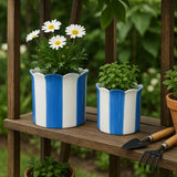 Plant Pot Set of 2 - Blue Ceramic Striped Scallop Edge,6/8in