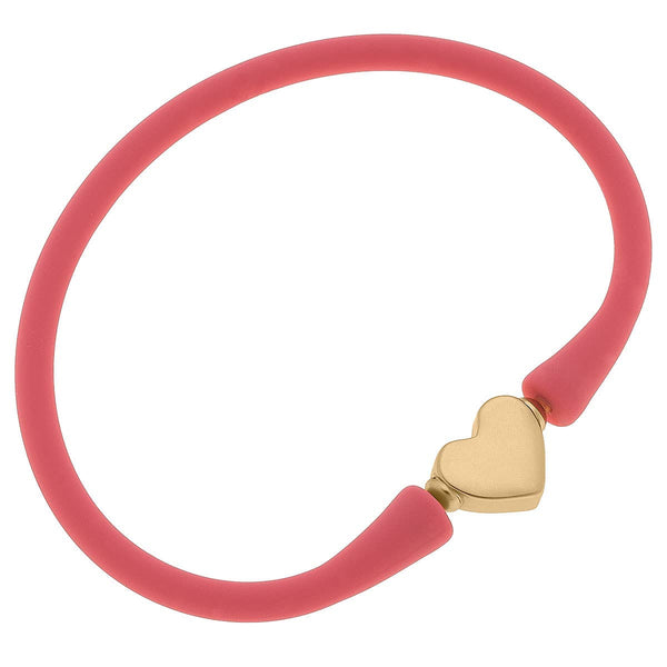 Bali 24K Gold Plated Heart Bead Silicone Bracelet: Pink