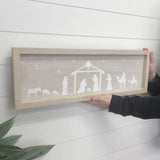Beige Long Nativity Silhouette Wood Sign for Christmas: 8x24" Long Canvas Art with Thick Wood Frame