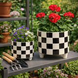 Planters Set of 2 - Black Ceramic Checkerboard, 10/12 in.