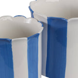 Plant Pot Set of 2 - Blue Ceramic Striped Scallop Edge,6/8in