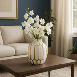 Decorative Vase - White/Gold Ceramic Bud Abstract, 8 in.
