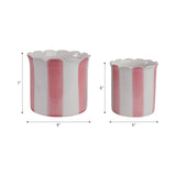 Plant Pot Set of 2 - Pink Ceramic Striped Scallop Edge,6/8in