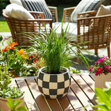 Plant Pot - Black/White Ceramic Rounded Checkerboard, 7 in.