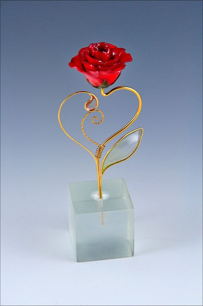 5" Red Heart Shaped Rose in Poly Resin Cube