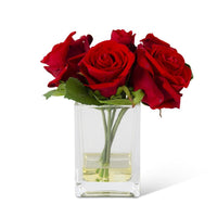 8 INCH REAL TOUCH RED ROSES IN SQUARE GLASS CONTAINER W/FAUX WATER