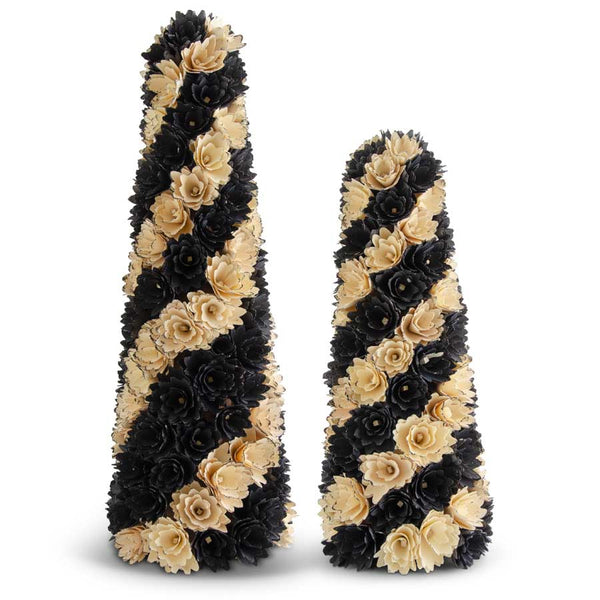 Set of Two Cream & Black Shaved Wood Cone Trees