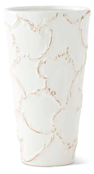White Ceramic Scroll Embossed Round Pot