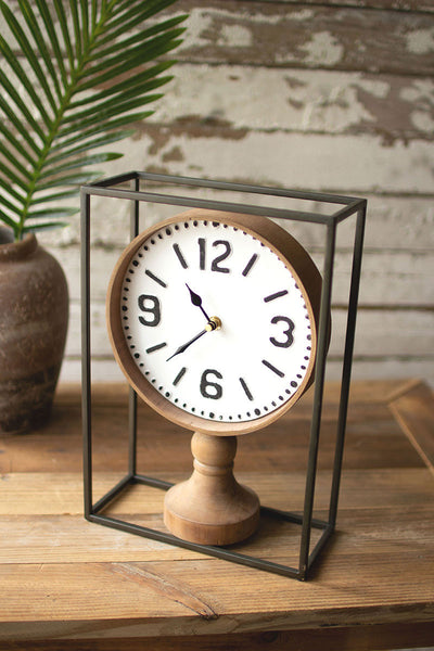 metal framed tabletop wooden clock