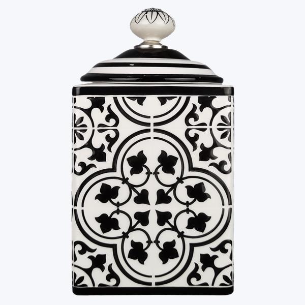CERAMIC BLACK AND WHITE TILE DESIGN COOKIE JAR WITH SILICONE LID