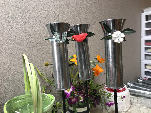 Galvanized Flower Vases w/ Ground Stake