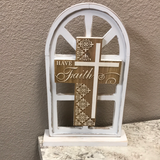 Etched Wood Cross in Arched Window