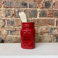 Ceramic Red Mason Jar Tool Holder with Kitchen Tools