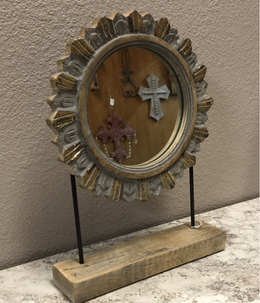 Wooden Circle Mirror on Stand