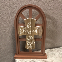 Etched Wood Cross in Arched Window