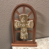 Etched Wood Cross in Arched Window