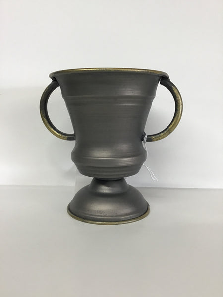 Gray Metal Container with Gold Rim- Small Handled