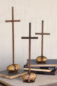 Metal Cross with caged rock base