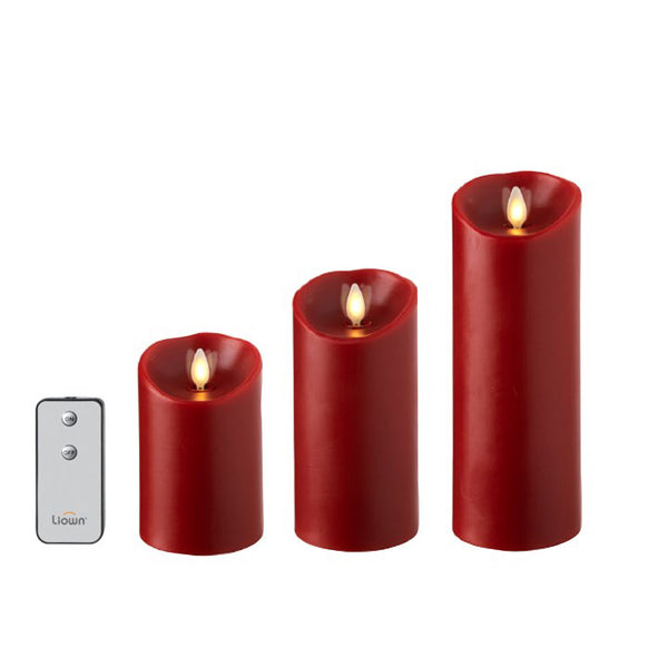 MOVING FLAME RED PILLAR CANDLES WITH REMOTE, SET/3