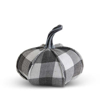 8.5 Inch Gray & Black Plaid Fabric Pumpkin w/Resin Stem